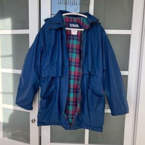 Navy blue vintage Totes raincoat with plaid lining